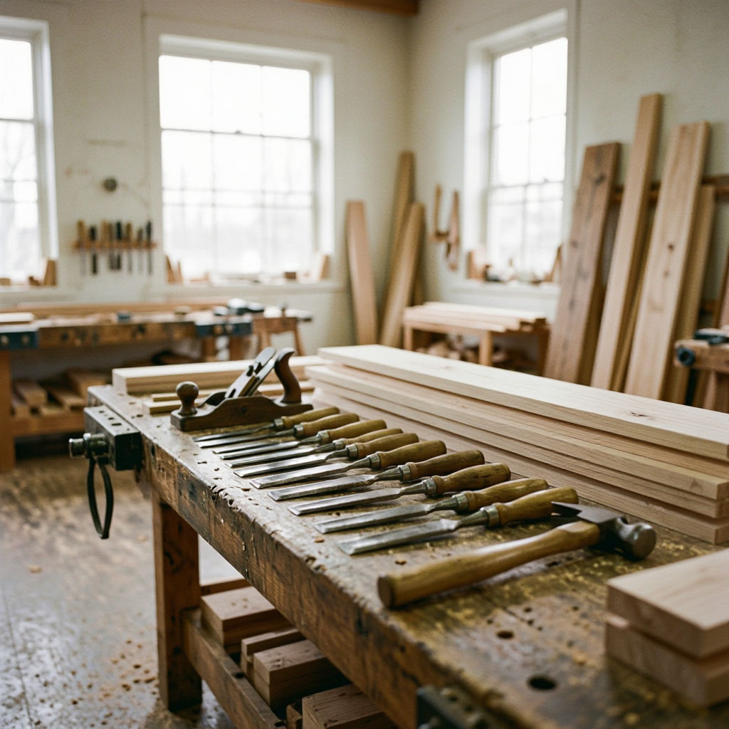 Interior of the Heritage Wood Revival workshop with hand tools and timber