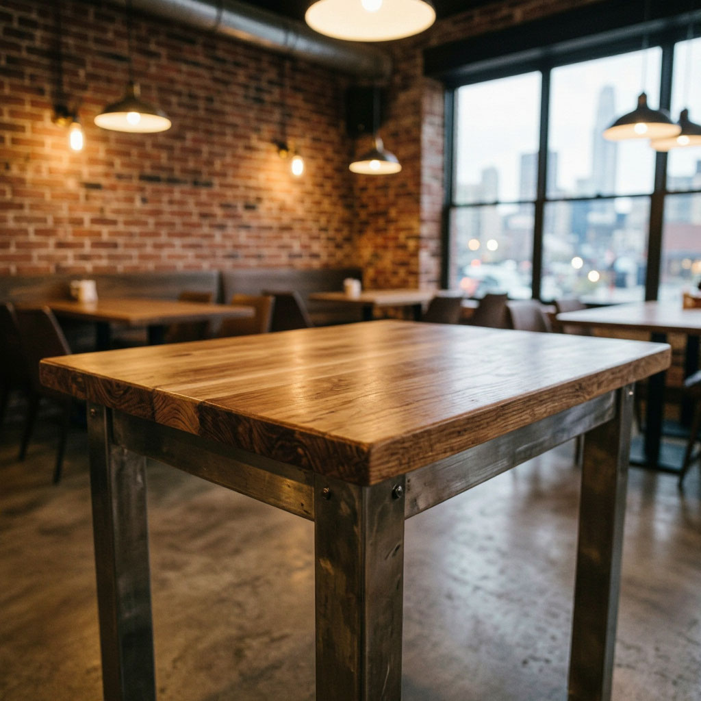 Restored oak tables in a commercial restaurant setting in San Francisco