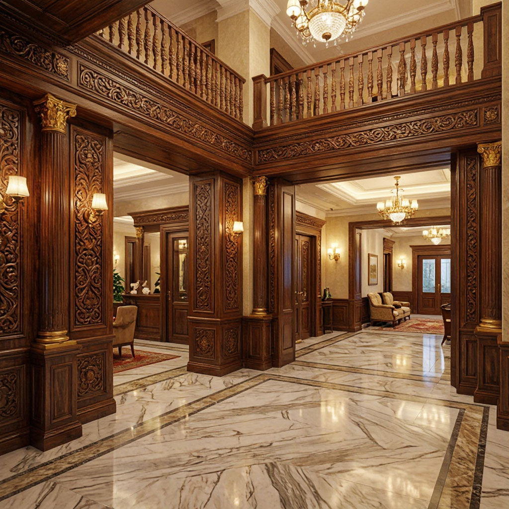 Restored hotel lobby woodwork in a boutique hotel