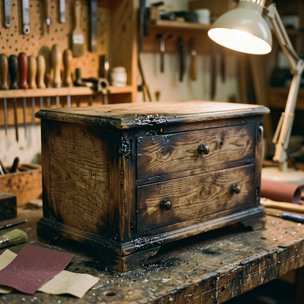 Fire-damaged antique furniture being restored after smoke damage