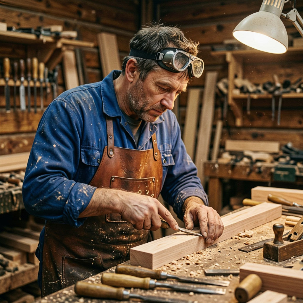 Craftsman working by hand at the bench with traditional woodworking tools