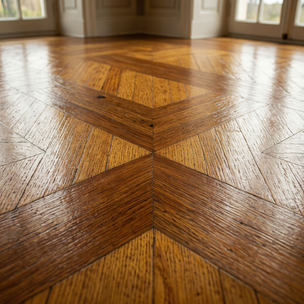 Historic herringbone parquet floor after full restoration in a Bay Area home