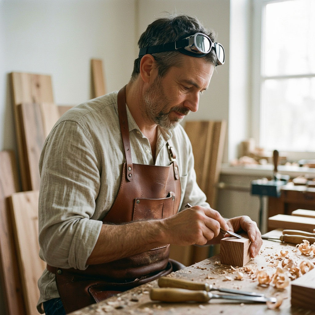 Founder of Heritage Wood Revival working a piece of walnut at the bench