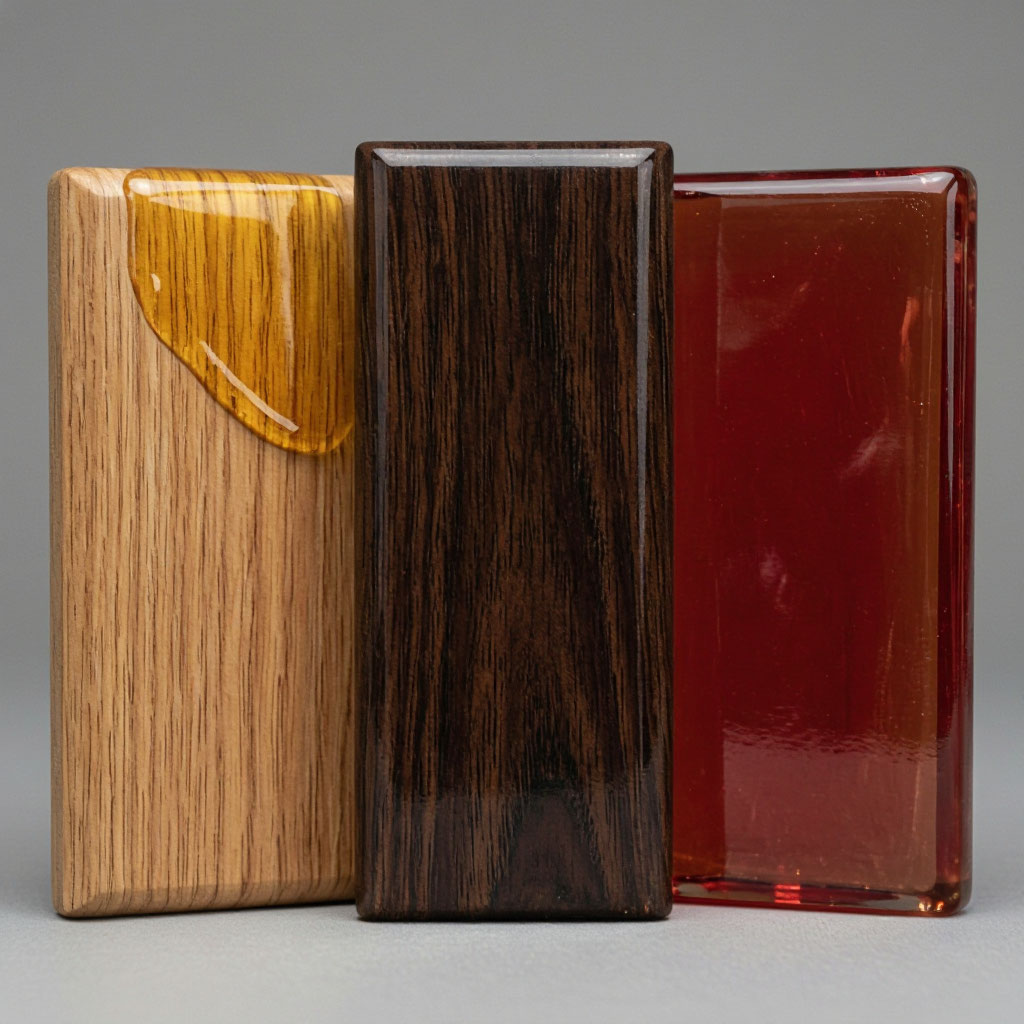 Sample boards of oil, wax, and shellac finishes on different wood species