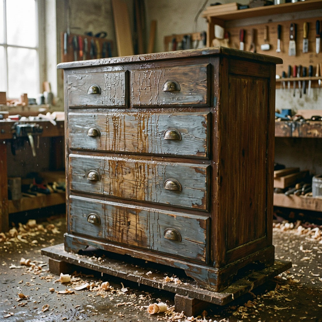 Water-damaged wooden furniture being assessed in a workshop