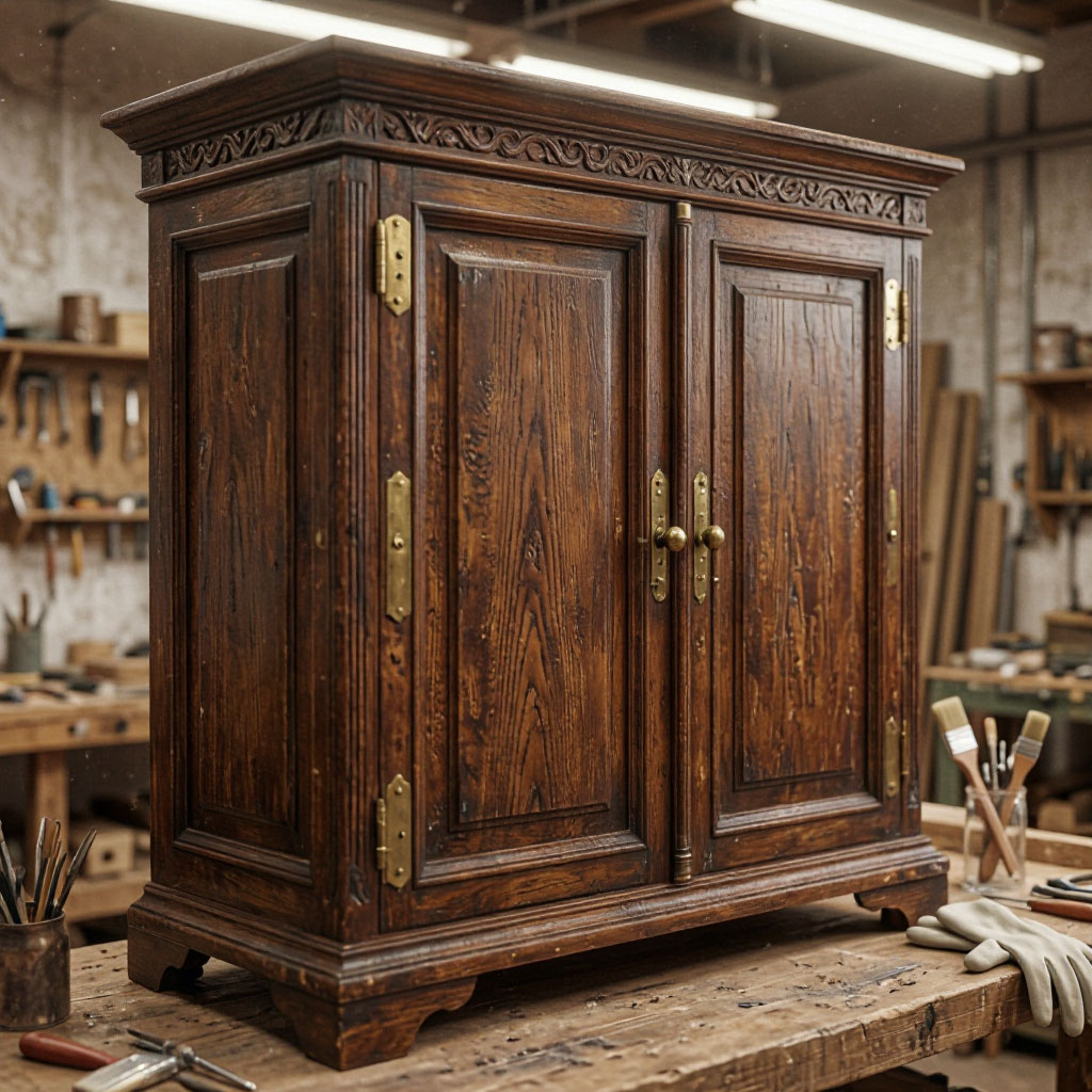 Antique walnut armoire under museum-grade conservation treatment