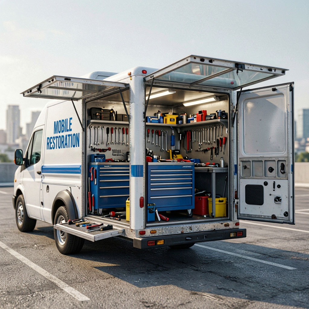 Mobile restoration van loaded with tools for on-site work