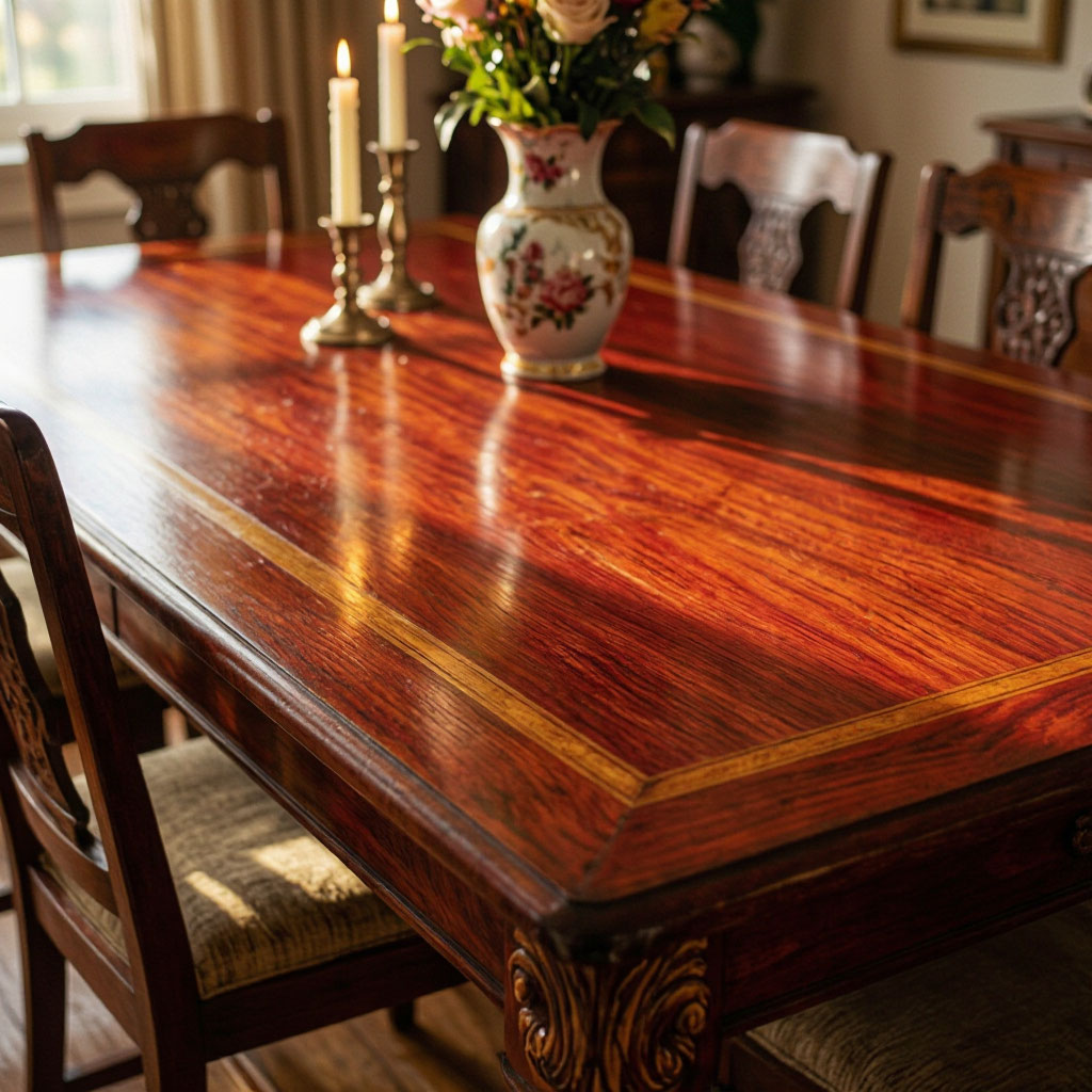 Restored mahogany dining table with warm hand-rubbed finish