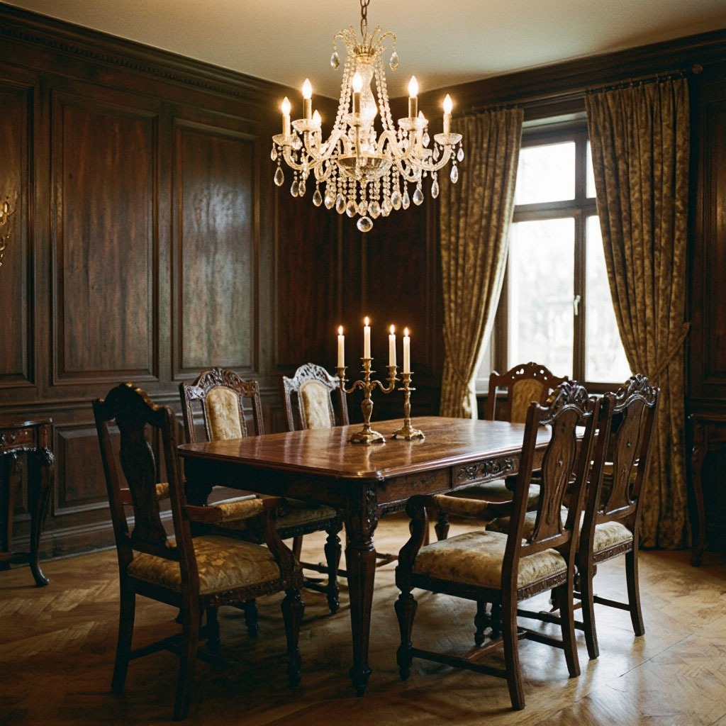 Restored antique dining table set in a private dining room