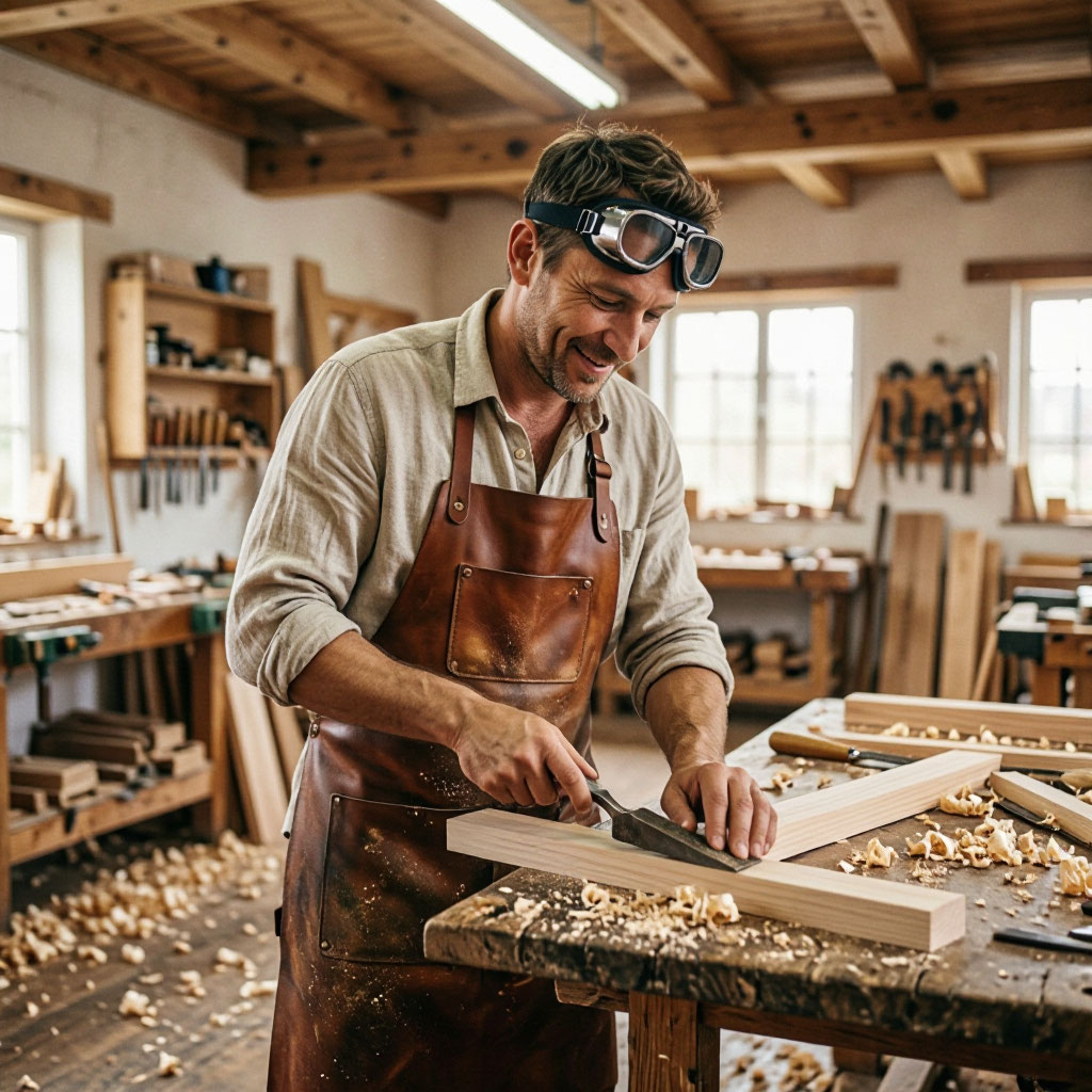 Craftsman working with hand tools at a wooden workbench in the Heritage Wood Revival atelier