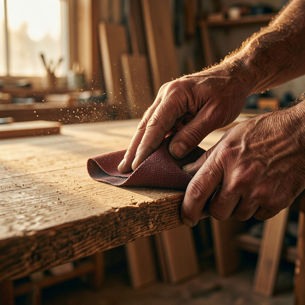 A craftsman's hands sanding the edge of a wooden table in warm afternoon light