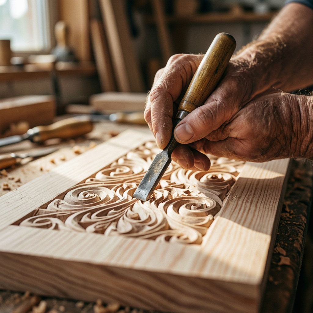 Close-up of a craftsman working wood grain with traditional hand tools
